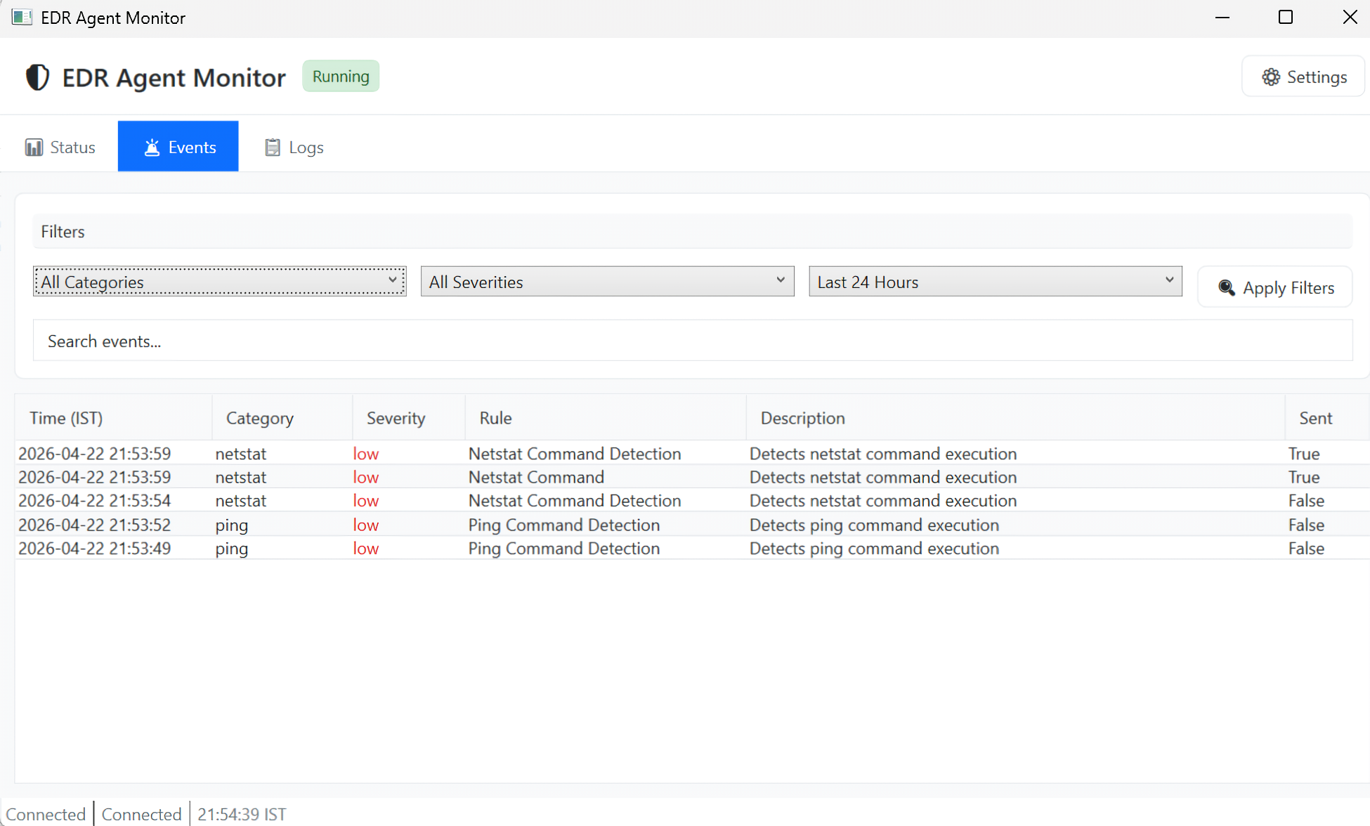 Endpoint agent events view